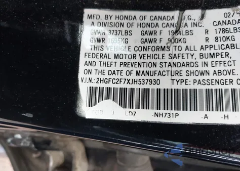 2018 Honda Civic Ex z USA, uszkodzony, nr VIN 2HGFC2F7XJH537930